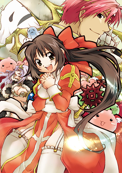 1boy 2000s_(style) 2boys ahoge angeling back_bow black_cape black_eyes bow breasts brown_hair cape cleavage closed_mouth commentary_request cowboy_shot crosier cross_of_prontera dress frilled_thighhighs frills fur-trimmed_cape fur_trim garter_straps ghost ghostring hair_bow high_priest_(ragnarok_online) high_wizard_(ragnarok_online) holding holding_sword holding_weapon juliet_sleeves kirou_ran large_breasts long_hair long_sleeves looking_at_viewer lord_knight_(ragnarok_online) low_ponytail medium_breasts multiple_boys open_mouth ponytail poporing poring puffy_sleeves purple_hair ragnarok_online red_bow red_dress sash sheet_ghost short_hair slime_(creature) smile solo_focus spiked_gauntlets sword thighhighs two-tone_dress weapon whisper_(ragnarok_online) white_bow white_dress white_sash white_thighhighs