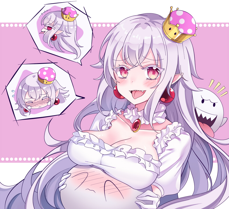 1girl blush boo_(mario) breasts cleavage closed_eyes collar earrings embarrassed genderswap genderswap_(mtf) jewelry looking_at_viewer luigi&#039;s_mansion mario_(series) nintendo nuoya pointy_ears princess_king_boo red_eyes super_crown tongue tongue_out white_hair
