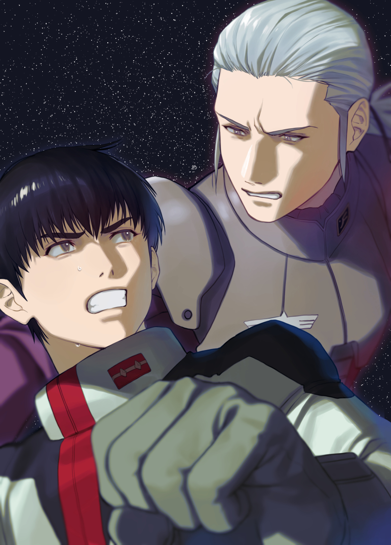 2boys anavel_gato black_hair bodysuit clenched_hand clenched_teeth commentary_request earth_federation foreshortening grey_bodysuit grey_eyes grey_hair gundam gundam_0083 hair_between_eyes hair_slicked_back kou_uraki male_focus mecha_pilot_suit multiple_boys normal_suit_(gundam) short_hair space star_(sky) teeth ususio_11 v-shaped_eyebrows white_bodysuit zeon