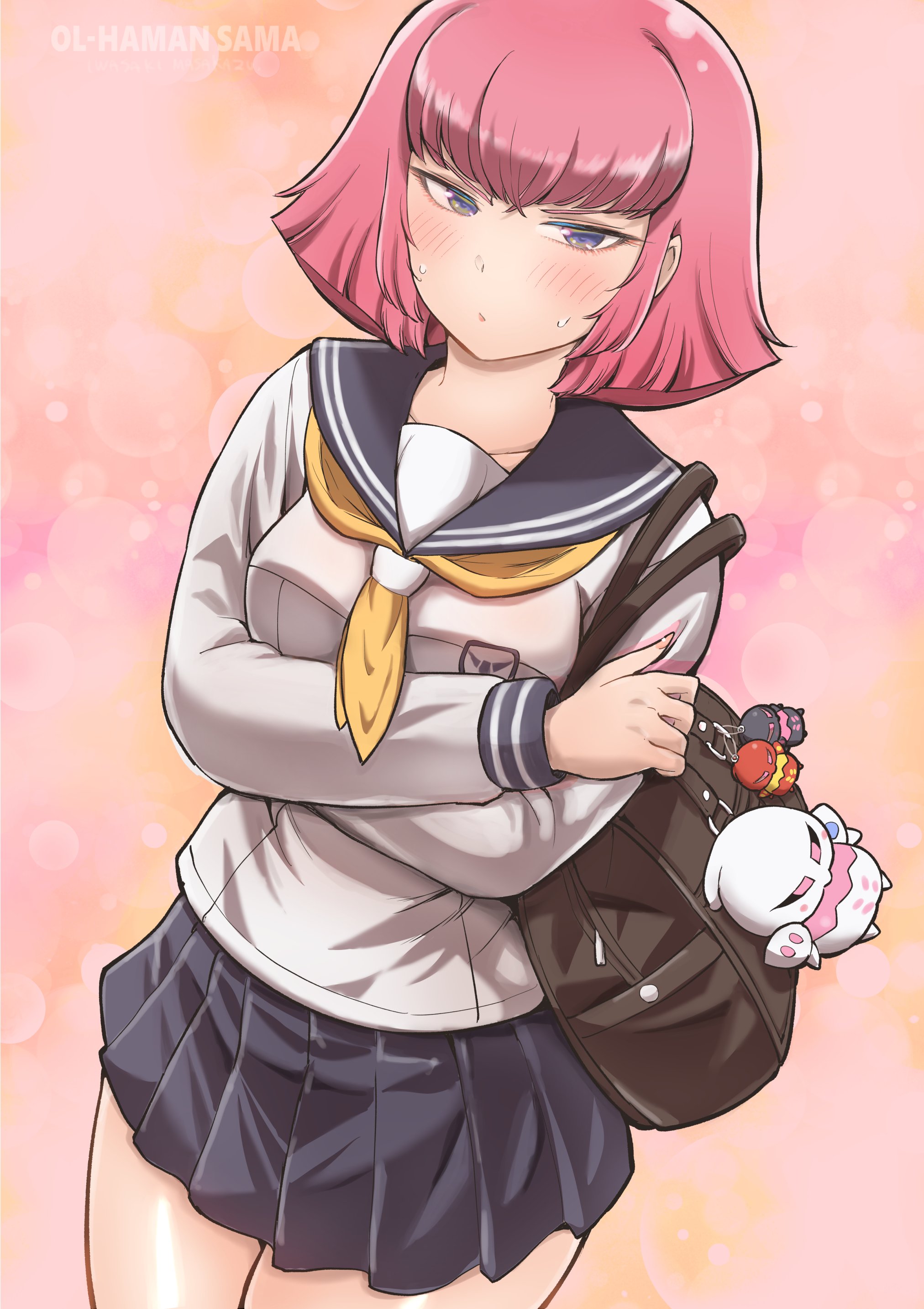1girl absurdres arasa_ol_haman-sama blush breasts character_charm charm_(object) gundam haman_karn highres iwasaki_masakazu long_sleeves neckerchief official_art pink_hair pleated_skirt qubeley qubeley_mk_ii sailor_collar school_uniform serafuku shirt short_hair skirt solo sweatdrop