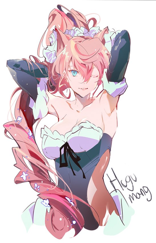 1girl alternate_costume armpits arms_behind_head blue_eyes breasts detached_sleeves long_hair looking_at_viewer maria_cadenzavna_eve medium_breasts naye one_eye_closed pink_hair senki_zesshou_symphogear signature simple_background upper_body very_long_hair