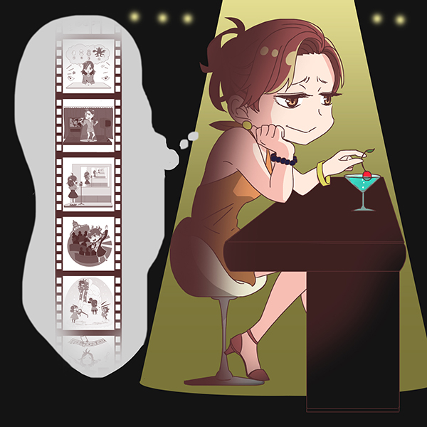 1girl bracelet brown_hair cherry commentary dress drink earrings film_strip food fruit halterneck higuchi_(trigger) jewelry official_art speech_bubble thought_bubble trigger_(company)