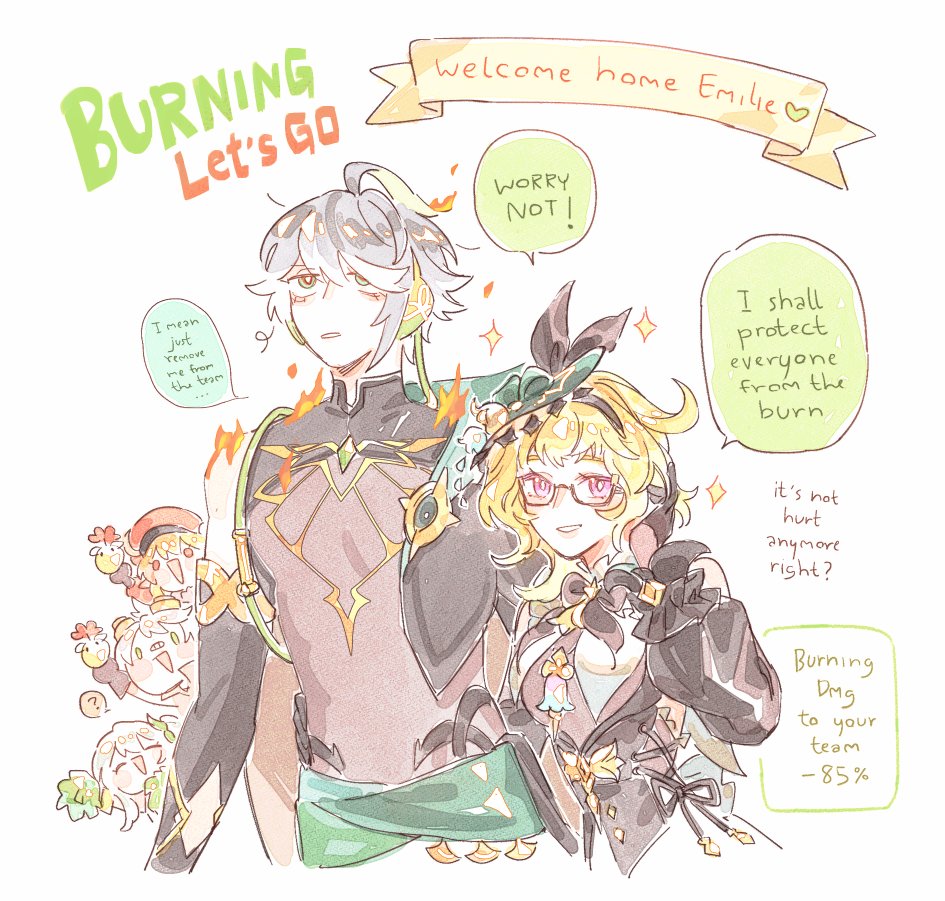 2boys 3girls :d ? ^_^ ahoge alhaitham_(genshin_impact) arm_around_waist bandaid bandaid_on_face bandaid_on_nose bennett_(genshin_impact) black_bow black_bowtie black_gloves black_shirt blonde_hair bow bowtie burning_clothes cable cape character_name chest_jewel closed_eyes commentary detached_sleeves elbow_gloves emilie_(genshin_impact) english_commentary english_text fascinator fire frilled_sleeves frills gem genshin_impact glasses gloves goggles goggles_on_head green_cape green_eyes green_gemstone green_hat grey_hair hand_up hat headphones heart holding holding_pom_poms jumpy_dumpty klee_(genshin_impact) lalamilali long_sleeves looking_at_viewer multiple_boys multiple_girls nahida_(genshin_impact) open_mouth parted_bangs parted_lips pom_pom_(cheerleading) pom_poms puffy_detached_sleeves puffy_long_sleeves puffy_sleeves purple_eyes red_eyes red_hat semi-rimless_eyewear shirt short_hair simple_background sleeveless sleeveless_shirt smile speech_bubble spoken_question_mark swept_bangs under-rim_eyewear upper_body white_background