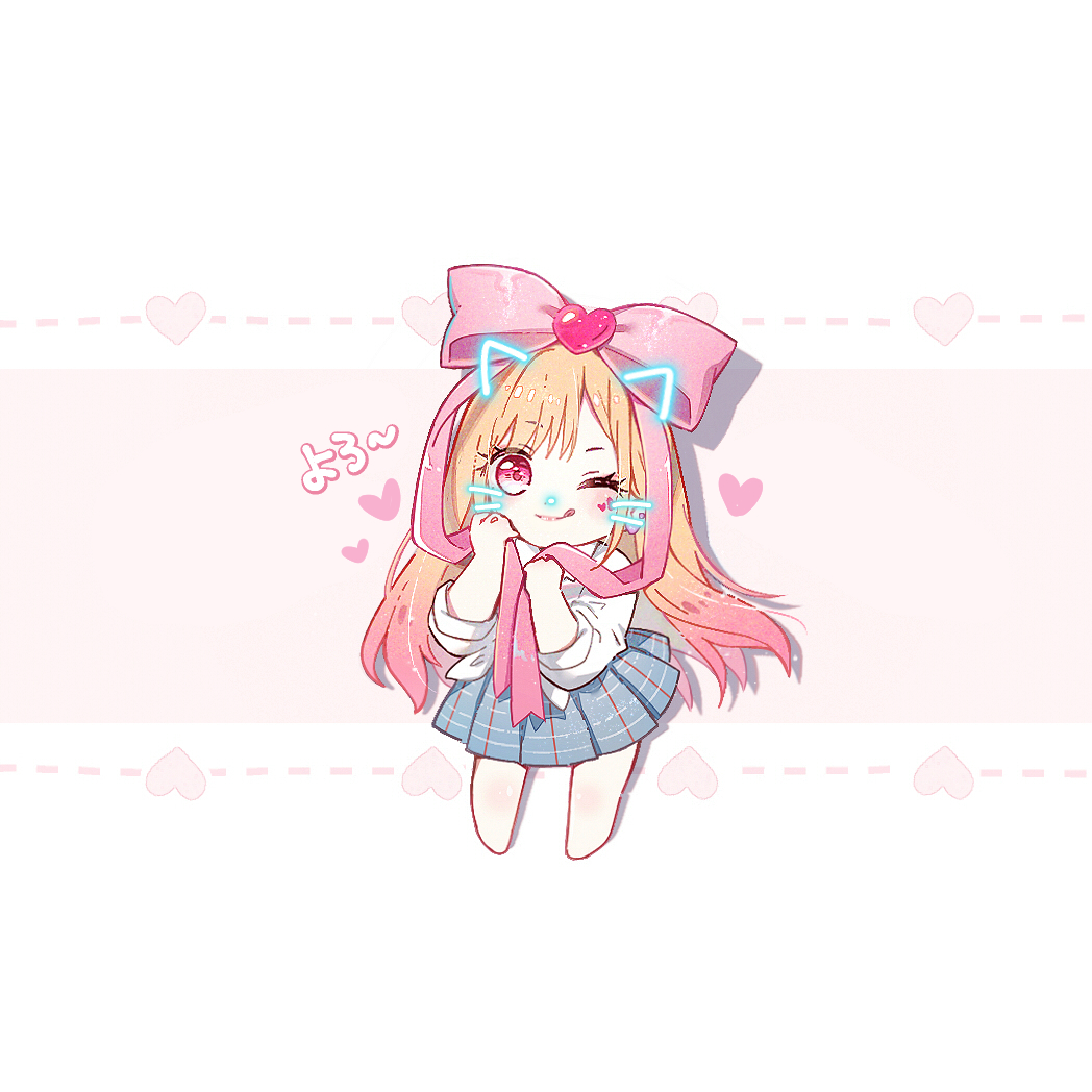1girl ;q animal_ears blonde_hair blue_skirt bow chibi closed_mouth danby_merong face_filter fake_animal_ears fake_whiskers front-tie_top gradient_hair hair_bow hair_ornament hands_up heart heart_hair_ornament kitagawa_marin long_hair long_sleeves multicolored_hair one_eye_closed pink_background pink_bow pink_hair pleated_skirt red_eyes school_uniform shirt skirt smile solo sono_bisque_doll_wa_koi_wo_suru standing tongue tongue_out two-tone_background very_long_hair white_background white_shirt