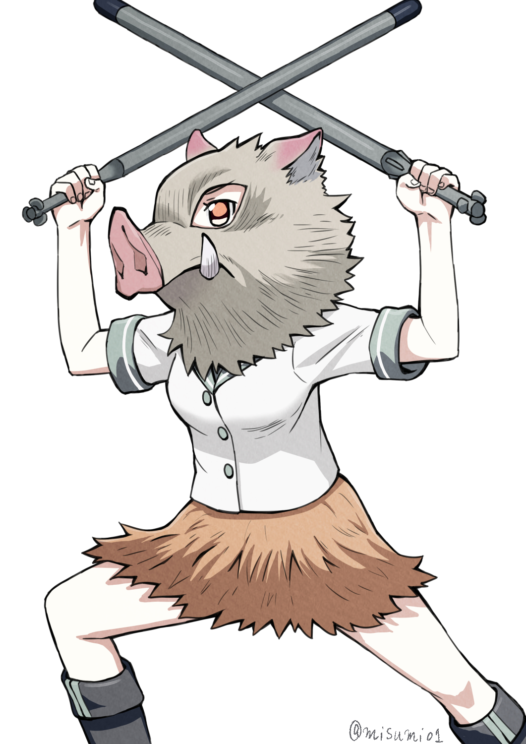 1girl adapted_costume black_footwear boar_mask boots buttons commentary_request cosplay dual_wielding grey_sailor_collar hashibira_inosuke hashibira_inosuke_(cosplay) highres holding kanji_connection kantai_collection kimetsu_no_yaiba kinu_(kancolle) knee_boots misumi_(niku-kyu) name_connection orange_eyes parody pun sailor_collar school_uniform serafuku shirt short_sleeves torpedo twitter_username white_shirt
