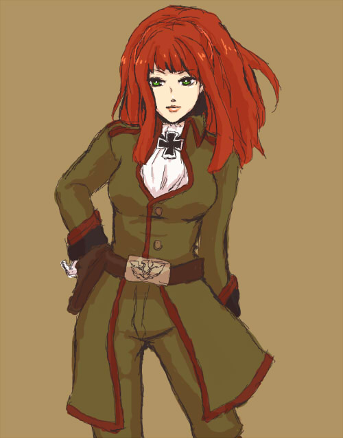1girl bad_id bad_pixiv_id breasts cross female_focus green_eyes iron_cross jacket karin_koenig marimoppai military military_uniform red_hair shadow_hearts_ii solo