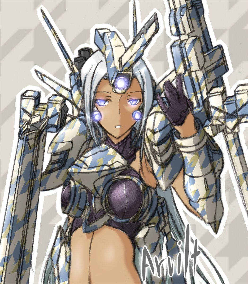 1girl armored_core armored_core:_for_answer custom dark-skinned_female dark_skin female_focus fromsoftware gloves glowing glowing_eyes highres magnetic_weapon mecha_musume novemdecuple railgun sketch solo white_hair
