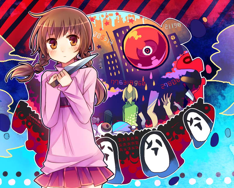 2girls bad_id bad_pixiv_id blonde_hair blush braid brown_eyes brown_hair from_behind holding holding_knife knife long_hair madotsuki multiple_girls pink_shirt poniko ponytail purple_skirt shirt skirt twin_braids uboa yuiki_yuu yume_nikki