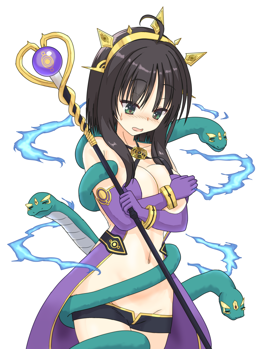 1girl ahoge alternate_costume bare_shoulders black_hair black_shorts blunt_ends blush bracelet breasts breasts_squeezed_together chinese_zodiac cleavage clothing_request commentary_request covering_breasts covering_privates cowboy_shot criss-cross_halter crossed_arms elbow_gloves electricity electrokinesis embarrassed gloves gold_hairband green_eyes green_snake groin hair_between_eyes hairband halterneck highres hitachi_mako holding holding_staff jewelry large_breasts looking_down mage_staff micro_shorts navel no_bra nose_blush open_mouth partial_commentary purple_gloves senren_banka shirayamakoma short_hair_with_long_locks shorts simple_background snake snake_wrapped_around_arm snake_wrapped_around_body solo spiked_hairband spikes staff sweatdrop tsurime white_background year_of_the_snake