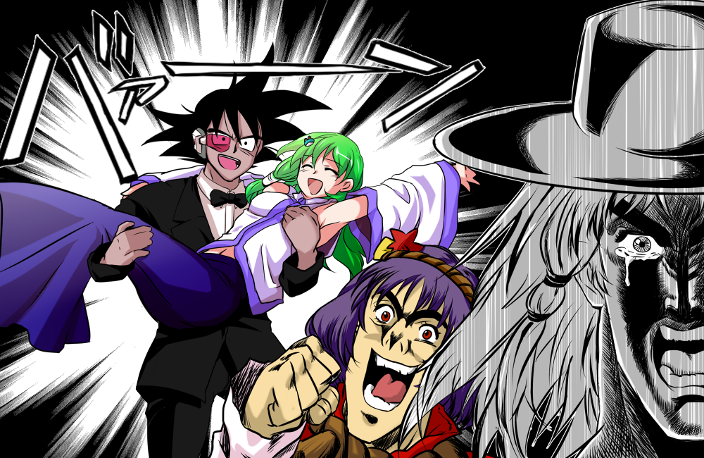 1boy 3girls araki_hirohiko_(style) bad_id bad_nicoseiga_id black_hair blonde_hair clenched_hand dairi detached_sleeves dragon_ball dragon_ball_z:_the_tree_of_might dragonball_z grabbing_another&#039;s_breast green_hair groping hair_ornament hair_ribbon happy hat jojo_no_kimyou_na_bouken joseph_joestar joseph_joestar_(young) kochiya_sanae long_hair man_face moriya_suwako multiple_girls open_mouth purple_hair red_eyes ribbon rope scouter short_hair smile spiked_hair tears toriyama_akira_(style) touhou tullece tuxedo what yasaka_kanako