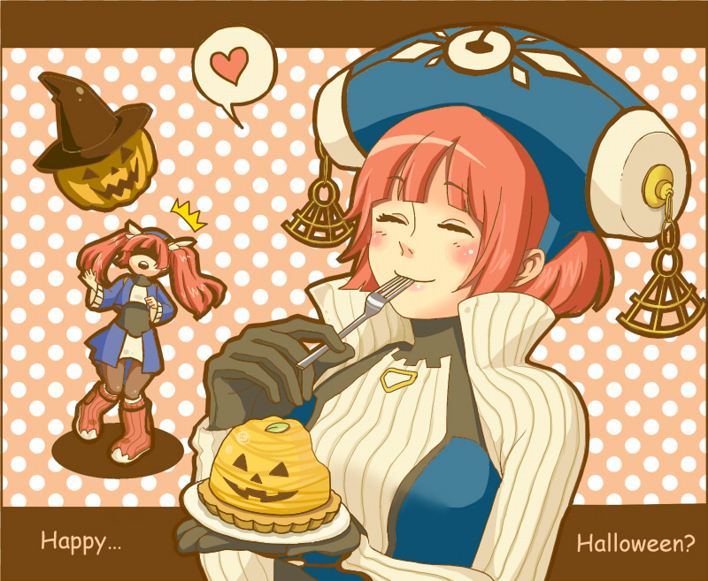 ^^^ ^_^ black_gloves blue_hat blush closed_eyes dessert dewprism eating food fork gloves happy_halloween hat heart jack-o&#039;-lantern letterboxed mametora_(dummycat) maya_(dewprism) mint_(dewprism) no_eyes open_mouth outside_border pink_hair polka_dot polka_dot_background shaded_face short_hair spoken_heart surprised utensil_in_mouth witch_hat