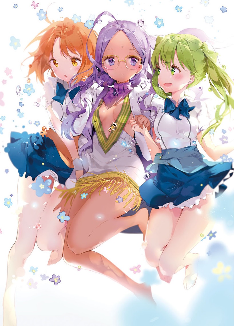 3girls anmi bare_legs barefoot blue_bow blue_skirt bow bowtie carnival_phantasm fate/extra fate/extra_ccc fate_(series) flower glasses green_eyes green_hair hibino_hibiki jumping katsuragi_chikagi mahou_tsukai_no_hako multiple_girls orange_eyes orange_hair purple_eyes purple_hair rani_viii skirt type-moon