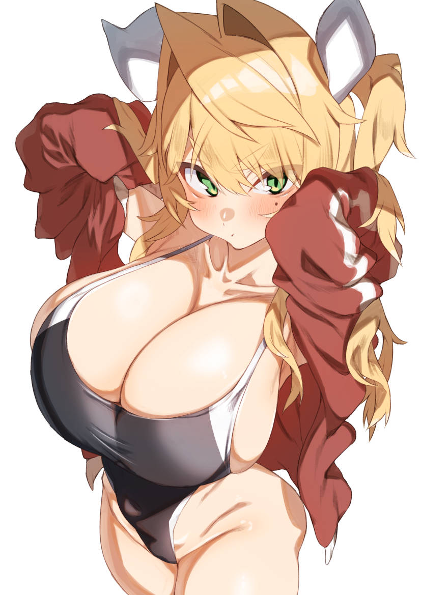 1girl black_one-piece_swimsuit blonde_hair breasts childhood_friend_(kz_oji) cleavage competition_swimsuit green_eyes huge_breasts jacket kz_oji long_hair long_sleeves looking_at_viewer mole mole_under_eye one-piece_swimsuit original red_jacket simple_background solo swimsuit white_background