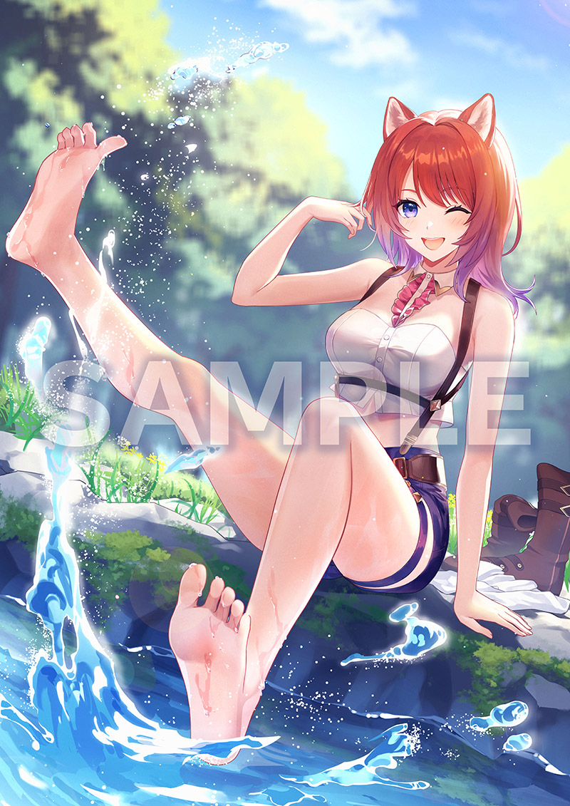 1girl animal_ears atelier_(series) atelier_resleriana atelier_resleriana:_the_red_alchemist_&amp;_the_white_guardian barefoot boots cat_ears cat_girl crop_top gradient_hair midriff multicolored_hair official_art one_eye_closed open_mouth outdoors purple_eyes red_hair rias_eidreise sample_watermark shorts sitting smile splashing tree unworn_boots water watermark