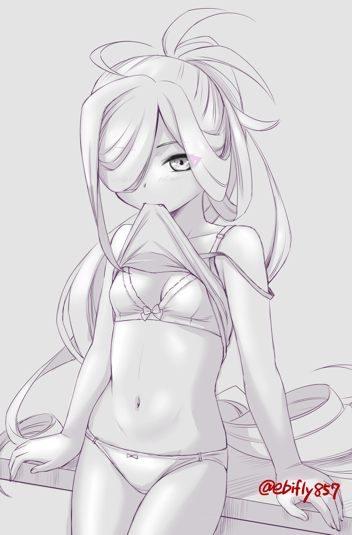 1girl ahoge asashimo_(kancolle) bra camisole camisole_lift clothes_lift commentary_request cowboy_shot ebifly kantai_collection long_hair monochrome mouth_hold one-hour_drawing_challenge panties ponytail solo twitter_username underwear