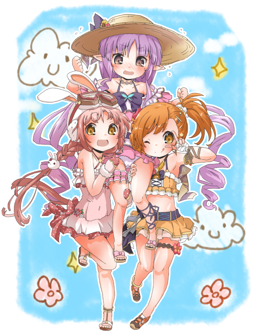 3girls animal_hat bikini bikini_skirt braid collarbone goggles hair_ornament hat kyoka_(princess_connect!) kyoka_(summer)_(princess_connect!) little_lyrical mimi_(princess_connect!) mimi_(summer)_(princess_connect!) misogi_(princess_connect!) misogi_(summer)_(princess_connect!) multiple_girls navel one-piece_swimsuit one_eye_closed orange_hair pink_hair pink_one-piece_swimsuit pointy_ears princess_connect! purple_hair rabbit_hair_ornament rabbit_hat side_ponytail soutsuki_naru straw_hat swimsuit swimsuit_skirt twin_braids twintails v v_over_eye yellow_eyes