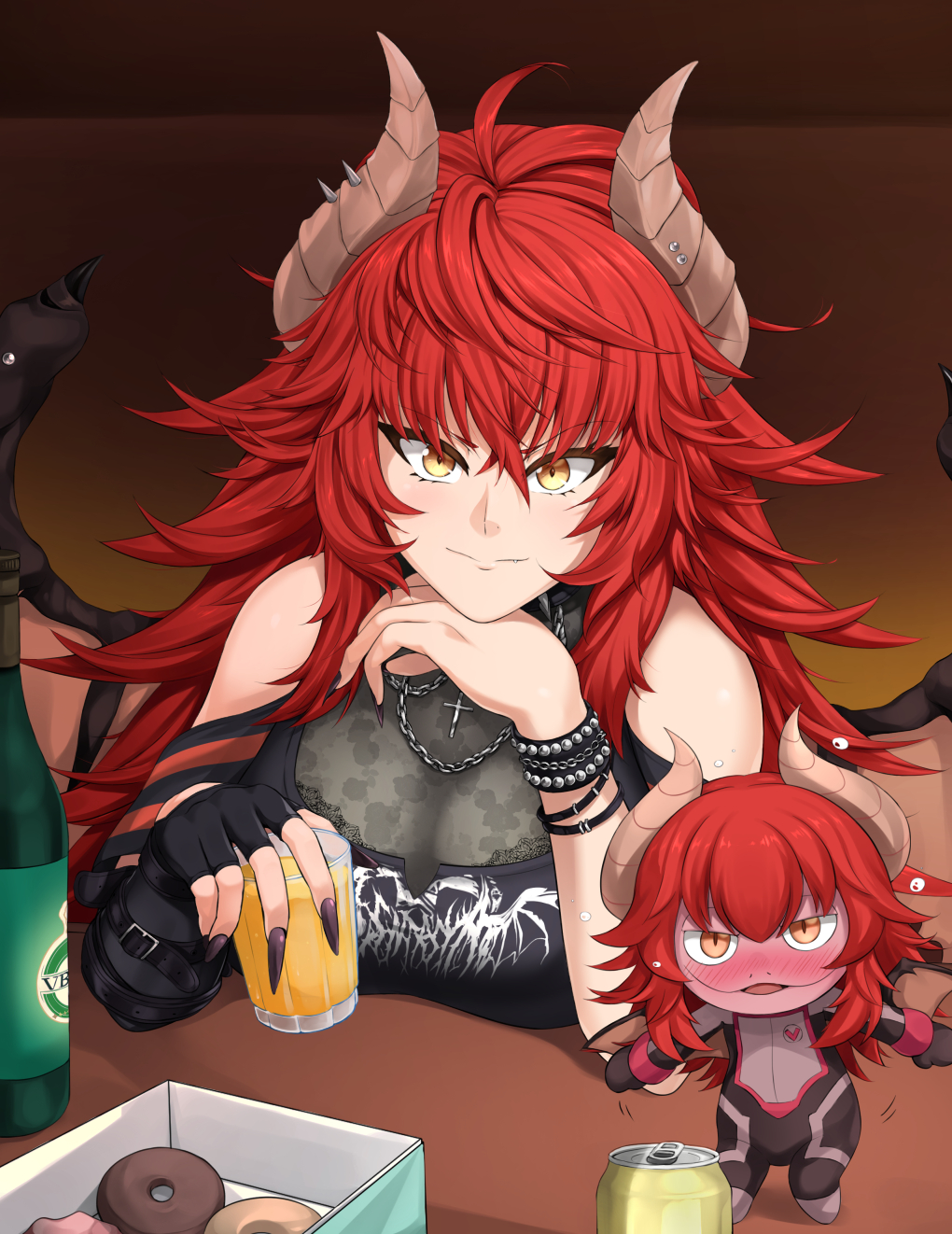 1girl black_gloves black_nails black_shirt breasts chibi cleavage cup donut dragon_girl dragon_horns dragon_wings fingerless_gloves food gecko_zen gloves head_rest highres holding holding_cup horns large_breasts looking_at_viewer nail_polish red_hair shirt single_glove smile spiked_hair virtual_youtuber vshojo wings yellow_eyes yomitrooper zentreya zentreya_(dragon) zentreya_(dragon)_(metalheads) zentreya_(dragon)_(metalheads)