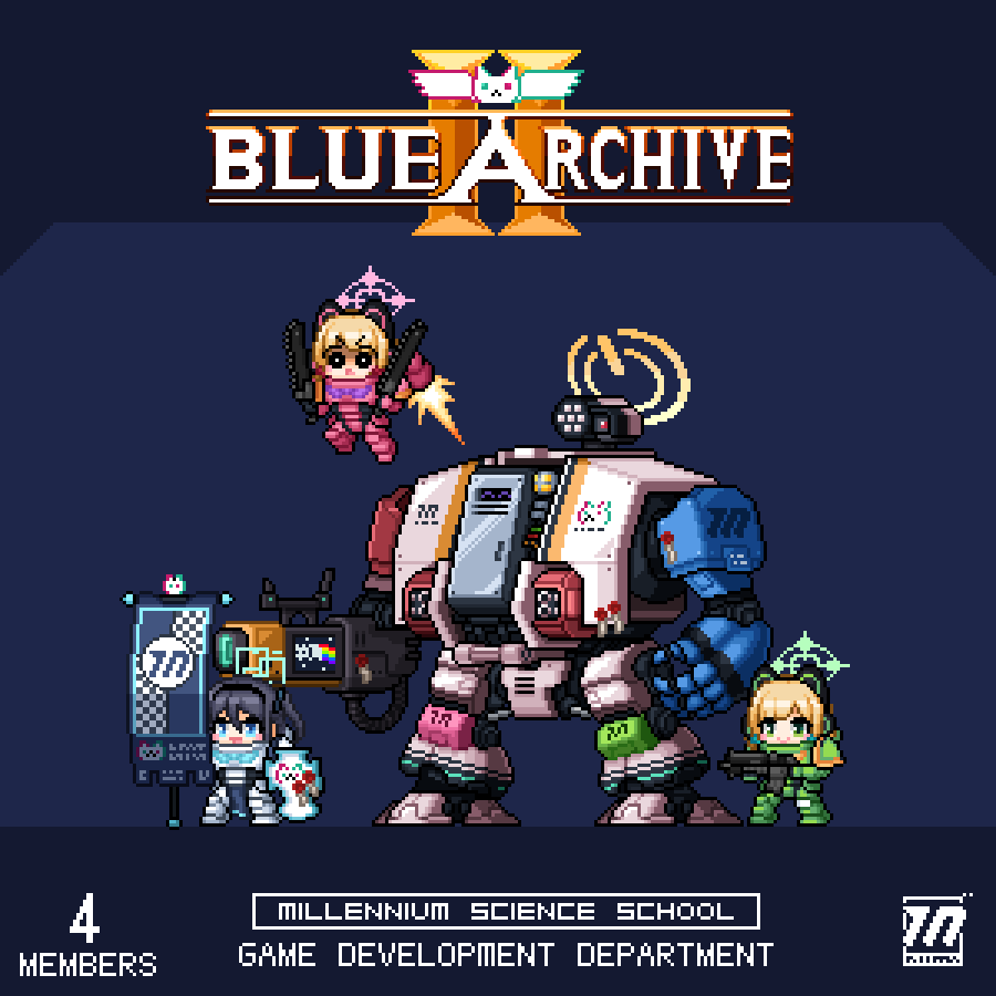 3girls animal_ear_headphones animal_ears aqua_halo aquila_(symbol) aris_(blue_archive) armor autocannon banner black_hair black_sclera blonde_hair blue_archive blue_eyes bolter cannon cat_ear_headphones chainsaw chibi colored_sclera commentary death_momoi_(meme) dreadnought_(warhammer_40k) english_commentary fake_animal_ears green_eyes green_halo gun hair_between_eyes halo headphones holding holding_banner holding_gun holding_shield holding_weapon jetpack locker long_hair mecha meme midori_(blue_archive) missile_pod momoi_(blue_archive) multiple_girls orange_halo pink_halo pixel_art power_armor purity_seal redforge robot shield short_hair space_marine warhammer_40k weapon yuzu_(blue_archive)