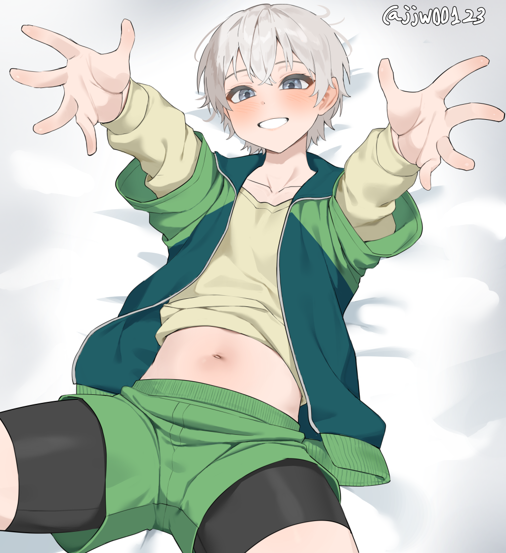 1boy androgynous artist_name bike_shorts bike_shorts_under_shorts blue_eyes blush commentary g1_(jjw00123) green_jacket green_shorts grey_hair grin jacket long_sleeves looking_at_viewer lying male_focus navel on_back on_bed outstretched_arms paid_reward_available shirt short_hair shorts smile solo stomach thighs totsuka_saika twitter_username yahari_ore_no_seishun_lovecome_wa_machigatteiru. yellow_shirt