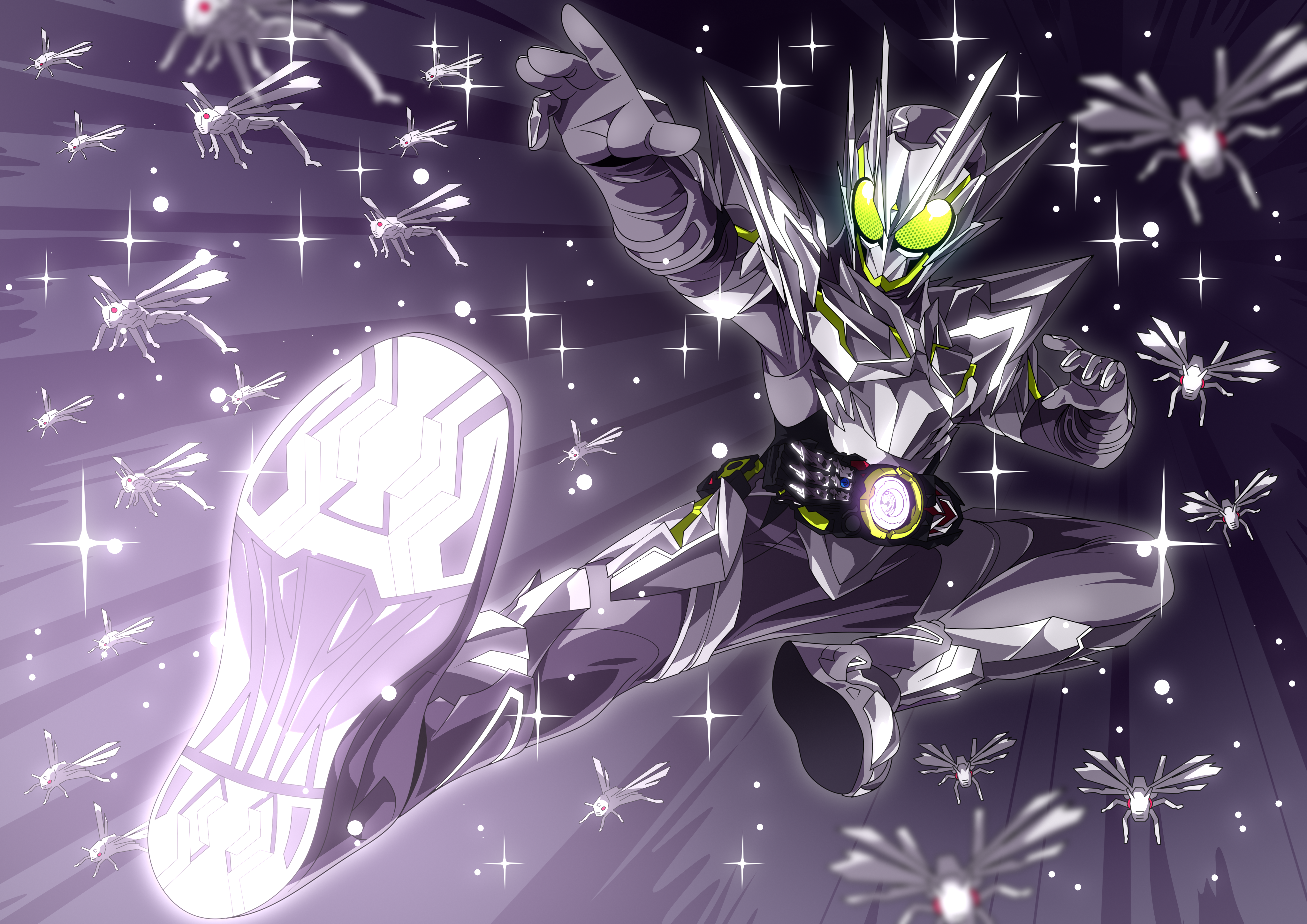 1boy absurdres armor armored_gloves bug compound_eyes rider_belt finishing_move flying_kick full_body glowing glowing_eyes grasshopper highres insect kamen_rider kamen_rider_01_(series) kamen_rider_zero-one kicking looking_at_viewer male_focus metalcluster_hopper otokamu power_armor progrise_key rider_belt rider_kick silver_bodysuit solo thighs tokusatsu zero_one_driver