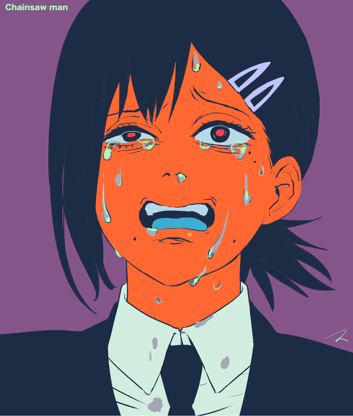 1girl black_hair black_necktie chainsaw_man collared_shirt colored_skin commentary copyright_name hair_ornament hairclip higashiyama_kobeni highres matahei mole mole_under_eye mole_under_mouth multiple_moles necktie nervous_sweating open_mouth orange_skin ponytail purple_background shirt short_ponytail single_sidelock solo sweat tears white_shirt