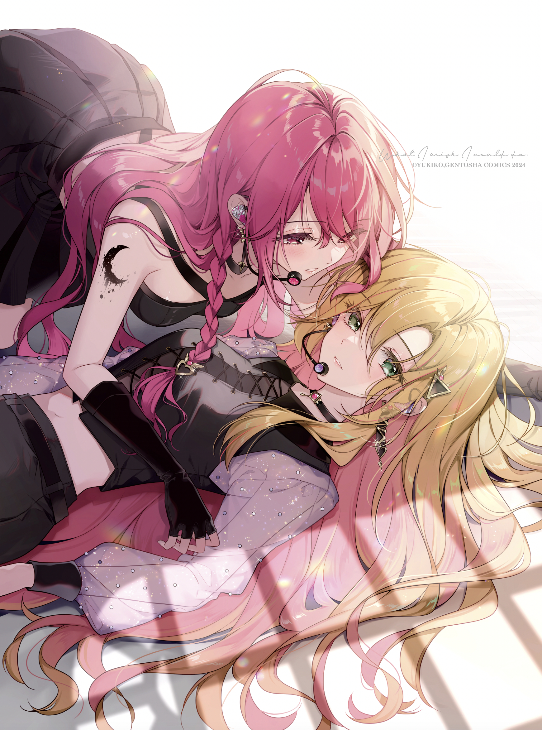 2girls arm_tattoo belt black_belt black_gloves black_shirt black_skirt blonde_hair braid character_request commentary_request crescent_tattoo elbow_gloves fingerless_gloves girl_on_top gloves green_eyes hair_between_eyes hair_ornament hair_spread_out headset heart heart_hair_ornament highres lace-up long_hair looking_at_another looking_at_viewer lying midriff multiple_girls navel official_art on_back original parted_lips pink_eyes pink_hair see-through_clothes shadow shirt side_braid skirt tattoo triangle_hair_ornament twitter_username very_long_hair window_shadow yukiko_(tesseract) yuri