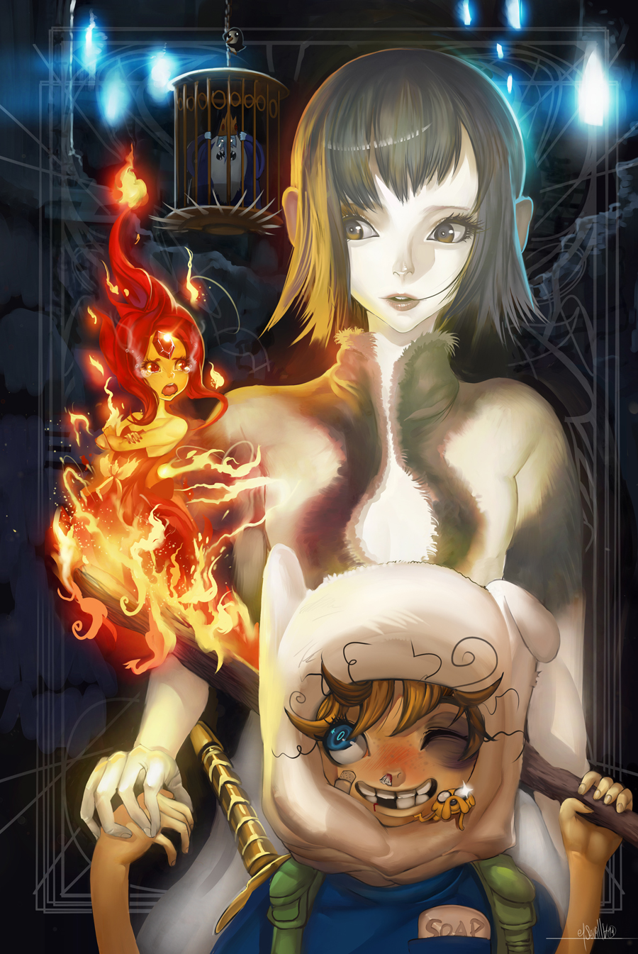 2girls 3boys adventure_time backpack bag beard black_hair blonde_hair blood blue_skin brown_eyes bruise bruised_eye cage cartoon_network colored_skin creature crossed_arms crossover crown dark_skin elemental_(creature) elsevilla facial_hair finn_the_human fire fire_elemental flame_hair flame_princess fur hetero highres holding_hands ice_king ico injury jake jake_the_dog lipstick makeup multiple_boys multiple_girls nosebleed pale_skin red_eyes red_hair spikes sword torch weapon yorda