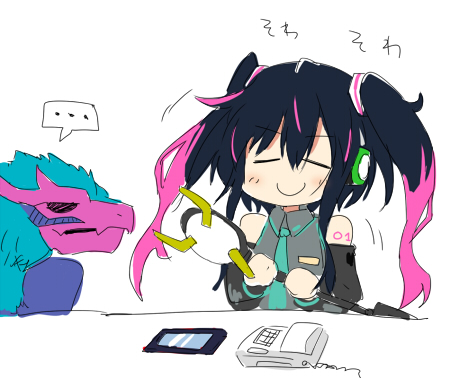 beak closed_eyes cosplay digimon hatsune_miku hatsune_miku_(cosplay) lowres ornismon shiki_(digimon_world_-next_0rder-) shoutmon smile vocaloid