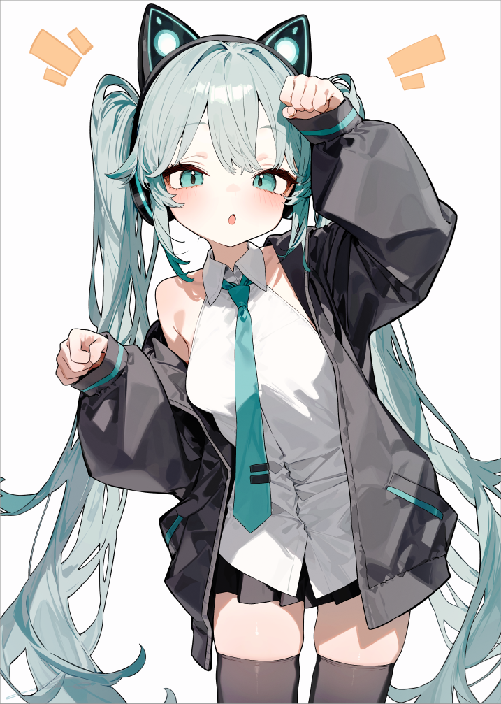 1girl black_jacket black_necktie black_thighhighs blue_eyes blue_hair blush collared_shirt cowboy_shot hair_between_eyes hatsune_miku headphones jacket long_hair looking_at_viewer necktie open_clothes open_jacket overlord_(overlord80000) paw_pose pleated_skirt shirt simple_background skirt sleeveless sleeveless_shirt solo thighhighs thighs twintails vocaloid white_background white_shirt