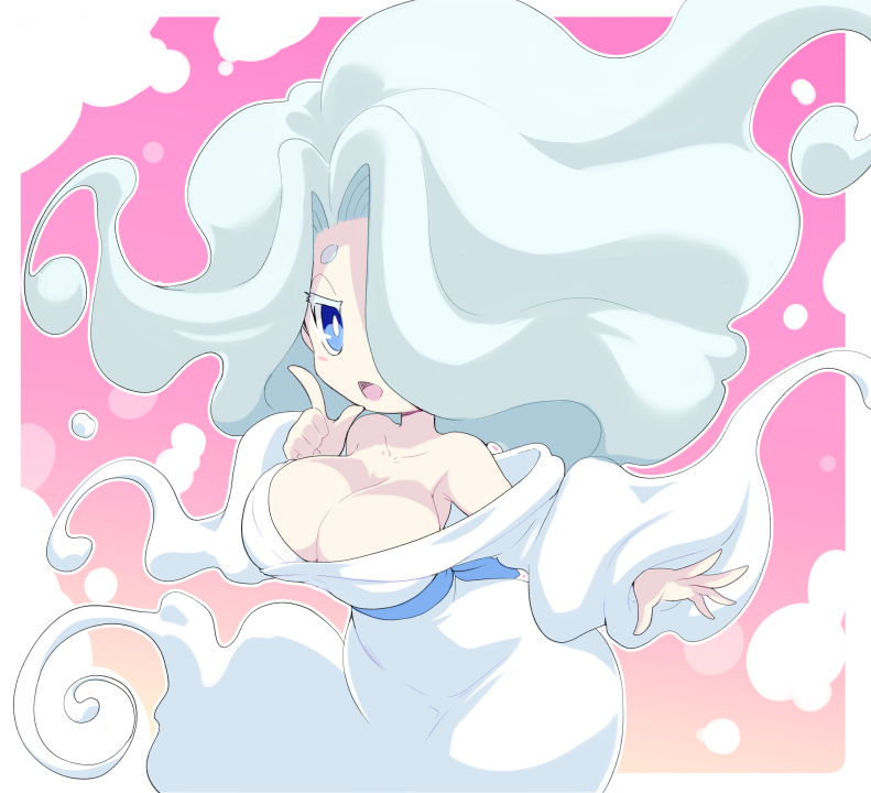 1girl aqua_hair bare_shoulders blue_eyes blush breasts cleavage enraenra_(youkai_watch) hair_over_one_eye japanese_clothes kimono large_breasts long_hair monster_girl nollety off_shoulder open_mouth solo youkai_watch