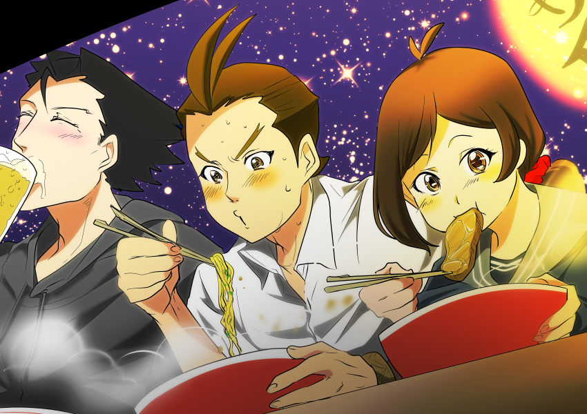 1girl 2boys ahoge alcohol chopsticks eating food ace_attorney apollo_justice:_ace_attorney lantern male_focus multiple_boys trucy_wright phoenix_wright noodles apollo_justice paper_lantern pncnmmm ramen sky star_(sky) starry_sky