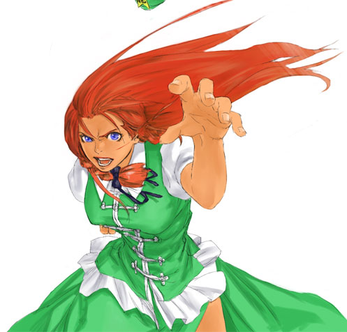 1girl embodiment_of_scarlet_devil female_focus hat unworn_hat unworn_headwear hong_meiling lowres muhamado open_mouth red_hair simple_background solo touhou