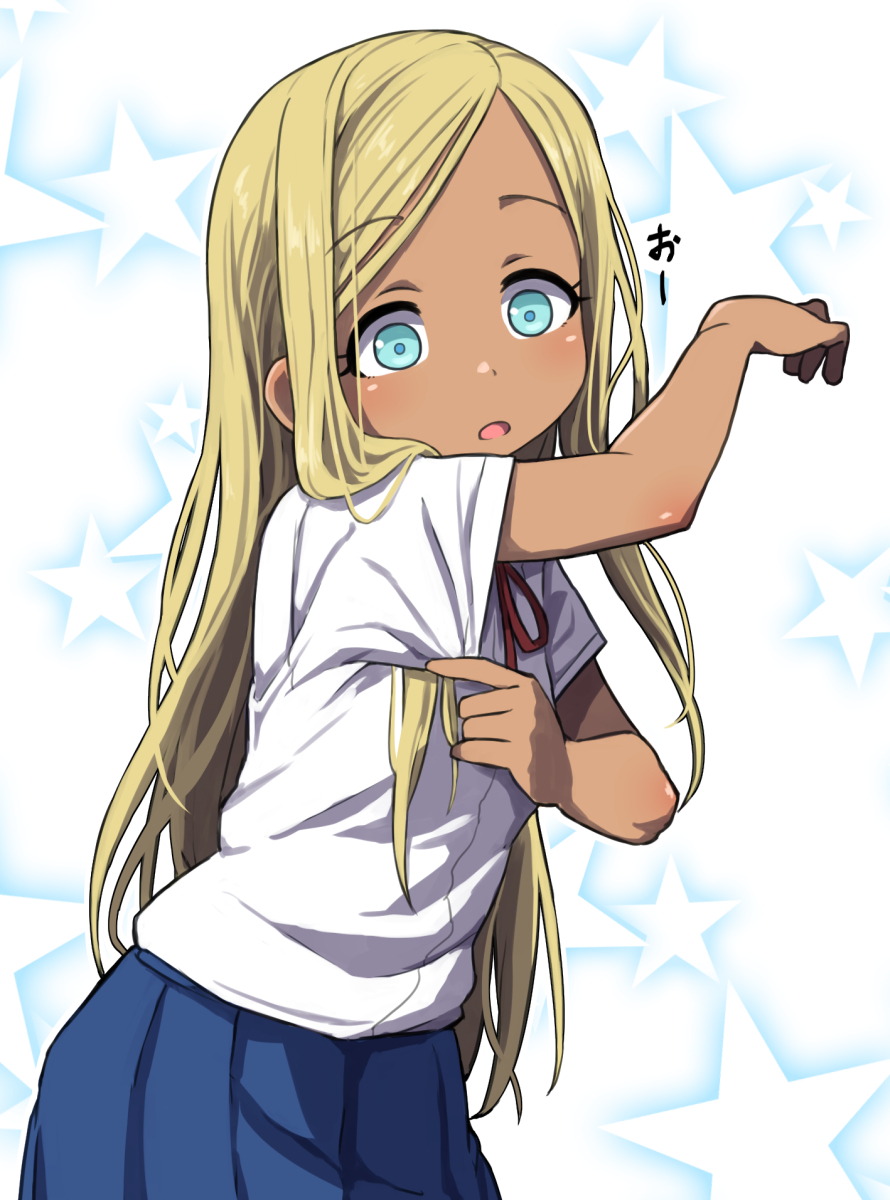 1girl blonde_hair blue_eyes clip_studio_paint_(medium) commentary_request dark-skinned_female dark_skin gazacy_(dai) highres idolmaster idolmaster_cinderella_girls layla_(idolmaster) long_hair open_mouth partial_commentary shirt skirt solo star_(symbol) t-shirt