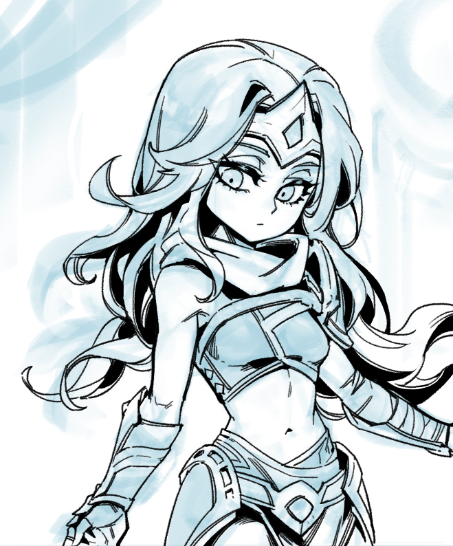 1girl bare_shoulders belt breasts closed_mouth cowboy_shot crop_top detached_sleeves forehead_protector grey_background greyscale league_of_legends long_hair monochrome navel phantom_ix_row single_shoulder_pad sivir small_breasts solo white_background