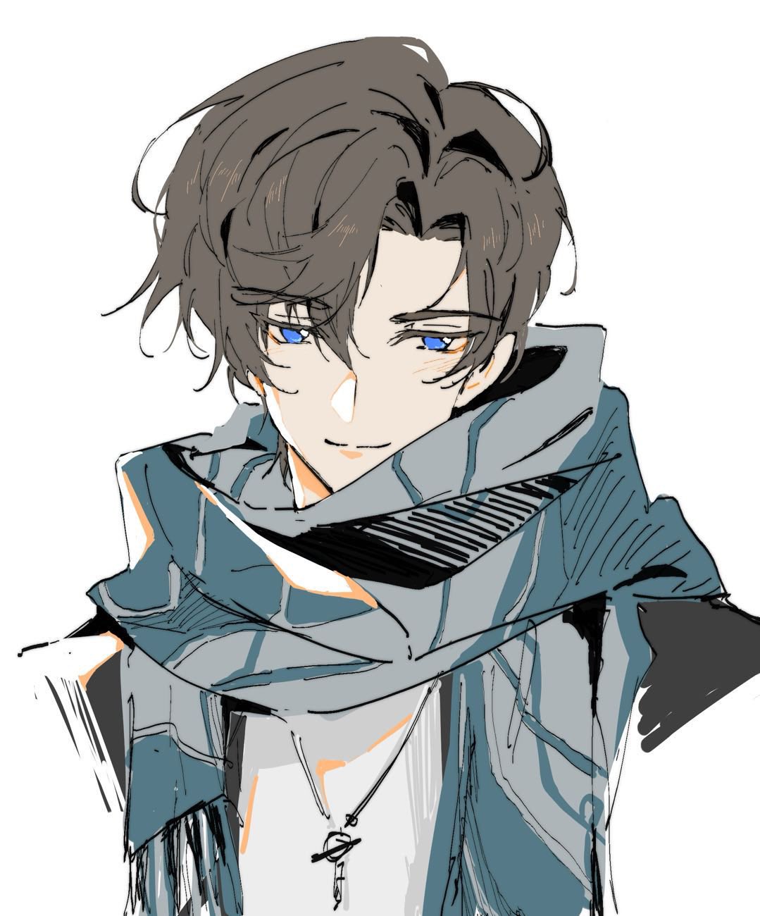 1boy artem_wing_(tears_of_themis) blue_eyes blue_scarf brown_hair closed_mouth commentary_request fringe_trim hair_between_eyes highres jacket konec_(ucce_llo) male_focus parted_bangs scarf shirt simple_background smile solo tears_of_themis upper_body white_background white_jacket white_shirt