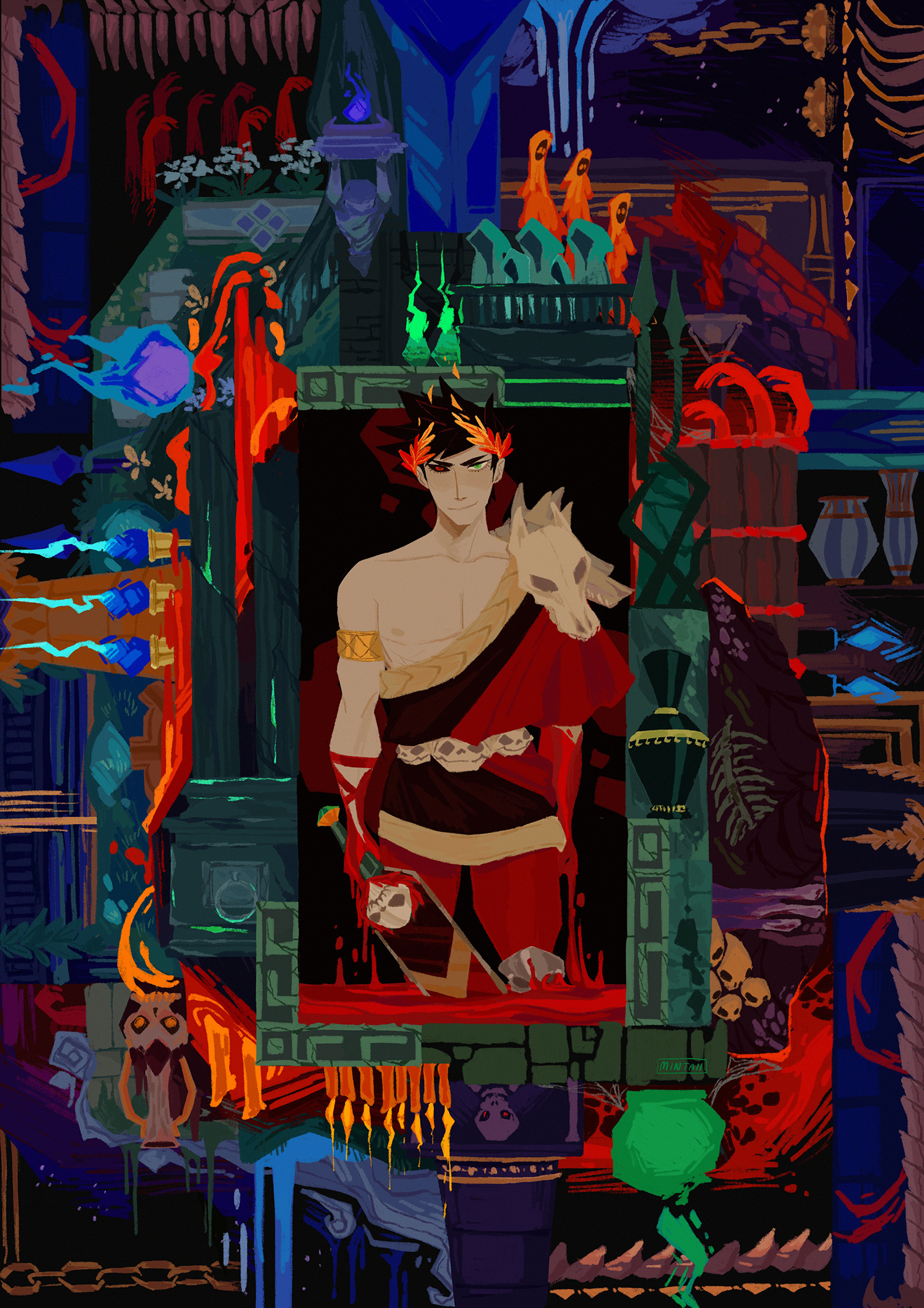 1boy animal_skull animal_skull_ornament armband black_hair black_sclera black_tunic blood blood_on_hands blue_fire cape chain closed_mouth collarbone colored_sclera disembodied_hand fire gold_trim green_fire hades_(series) hades_1 heterochromia highres holding holding_sword holding_weapon laurel_crown leggings male_focus nipples pectorals red_cape red_leggings robe side_cape single_bare_shoulder skull smile solo spearmintaii spiked_hair straight-on sword tunic urn weapon zagreus_(hades)