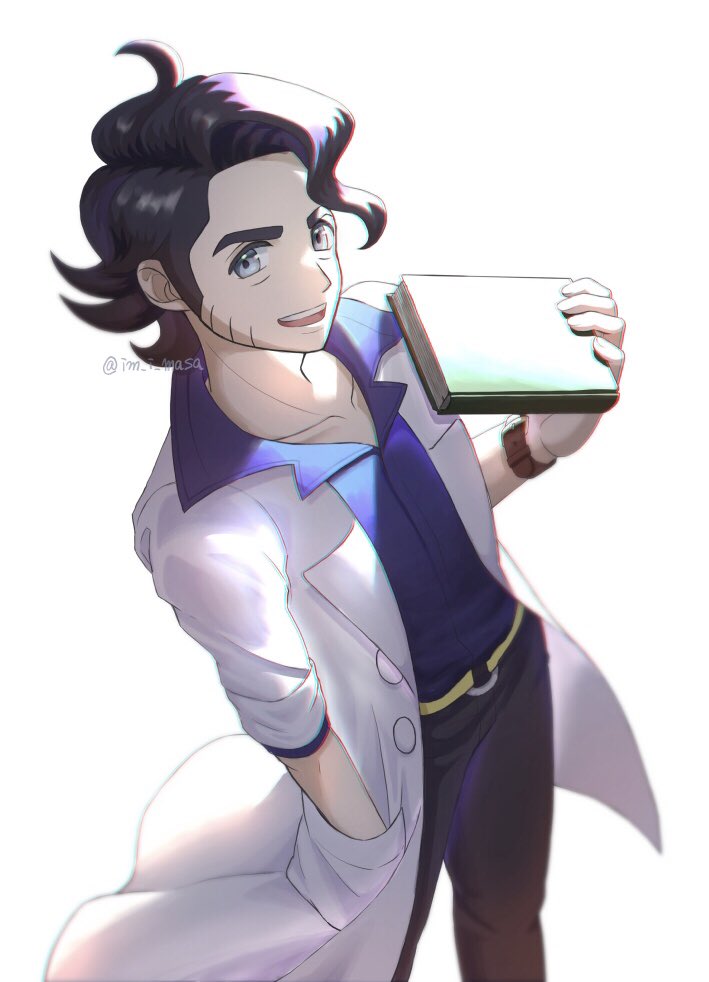 1boy :d professor_sycamore belt black_hair black_pants book coat collared_shirt commentary_request curly_hair facial_hair grey_eyes hand_in_pocket holding holding_book im_i_masa lab_coat male_focus nintendo open_clothes open_coat open_mouth pants pokemon pokemon_xy shirt simple_background smile solo standing teeth twitter_username upper_teeth_only watch watermark white_background white_coat wristwatch yellow_belt