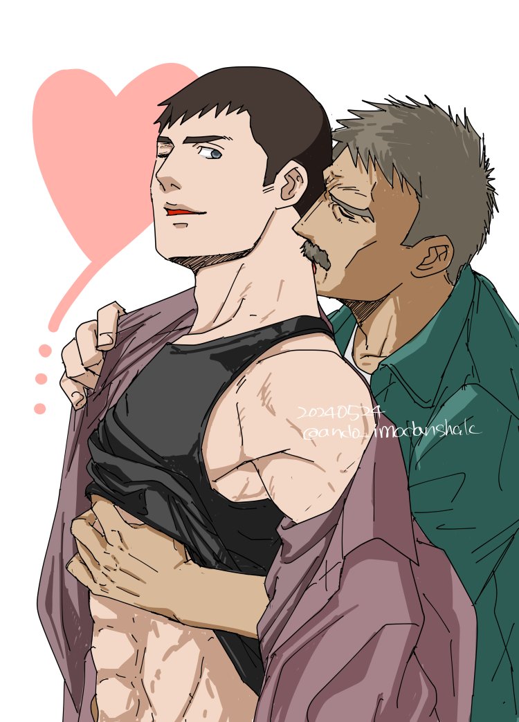 2boys abs ando_imodanshak bara black_hair black_tank_top breasts cheekbones dark-skinned_male dark_skin facial_hair foreplay from_side grey_hair heart heart_background kiss kissing_neck looking_back male_focus multiple_boys muscular muscular_male mustache old old_man pectorals profile ryuji_satake short_hair sideboob sideburns sidepec smile tank_top thick_eyebrows thick_mustache thomas_j._prahmman toned toned_male undressing_another upper_body yaoi yuuki_bakuhatsu_bang_bravern