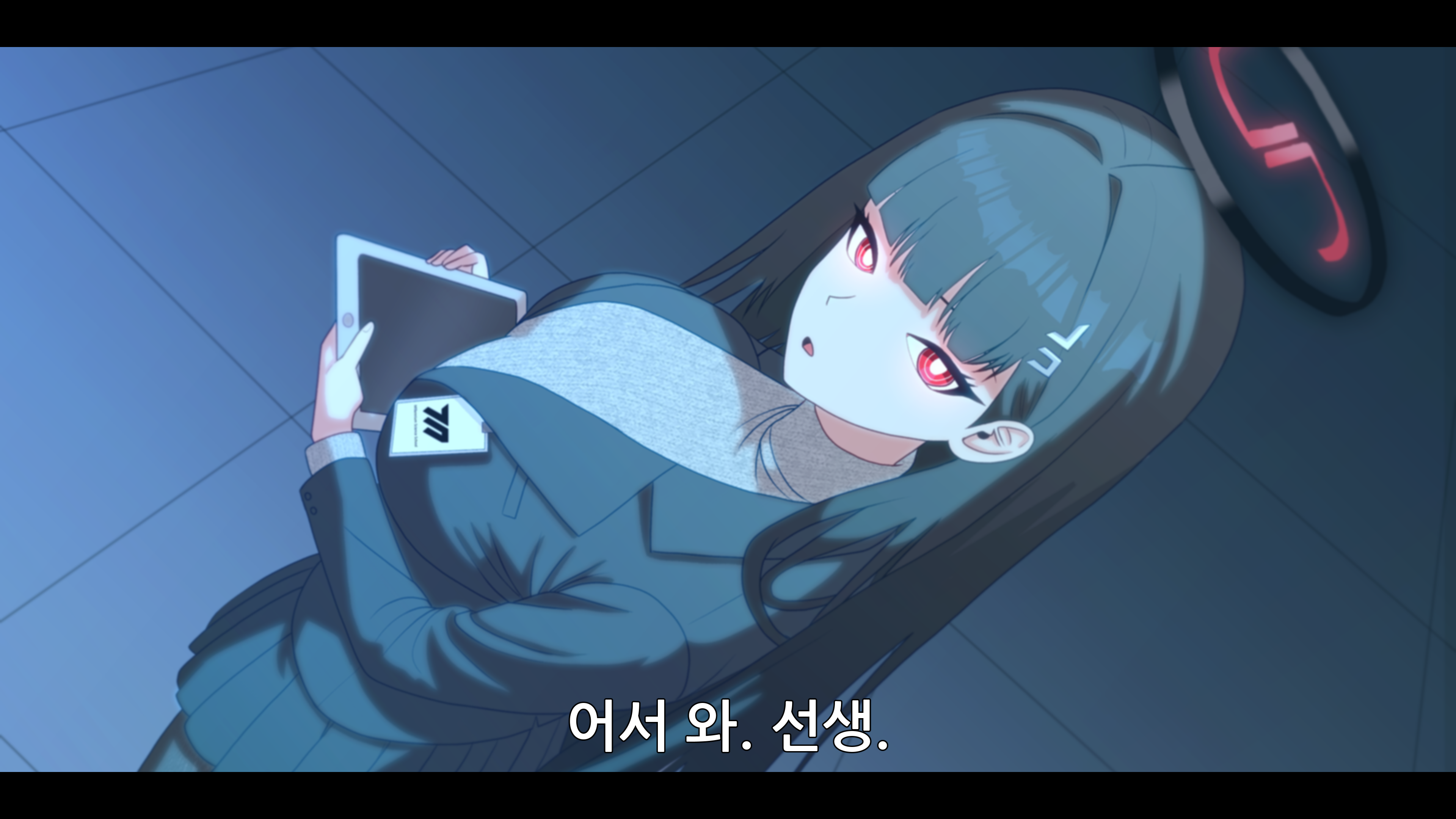 1girl absurdres blue_archive blunt_bangs breasts glowing glowing_eyes hair_ornament highres holding large_breasts letterboxed long_hair long_sleeves looking_at_viewer odiseo pleated_skirt red_eyes ringed_eyes rio_(blue_archive) skirt solo