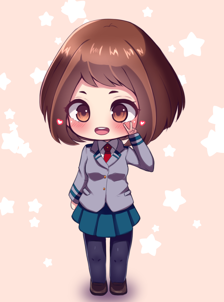 1girl bad_id bad_pixiv_id black_pantyhose blush boku_no_hero_academia brown_eyes brown_hair brown_shoes chibi female_focus full_body heart hshow loafers looking_at_viewer necktie open_mouth pantyhose pleated_skirt school_uniform shoes short_hair sidelocks simple_background skirt smile solo star_(symbol) u.a._school_uniform uraraka_ochako v yellow_background