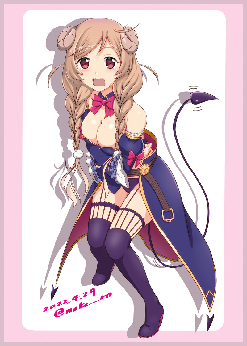 1girl blue_sleeves boots bow bowtie braid brown_eyes coat cosplay crisis_management_form_(machikado_mazoku) curled_horns demon_girl demon_horns demon_tail detached_collar detached_sleeves high_heel_boots high_heels horns kantai_collection light_brown_hair long_hair long_sleeves low_twin_braids machikado_mazoku minegumo_(kancolle) moke_ro overcoat red_bow red_bowtie solo tail thigh_boots thighhighs twin_braids yoshida_yuuko_(machikado_mazoku) yoshida_yuuko_(machikado_mazoku)_(cosplay)