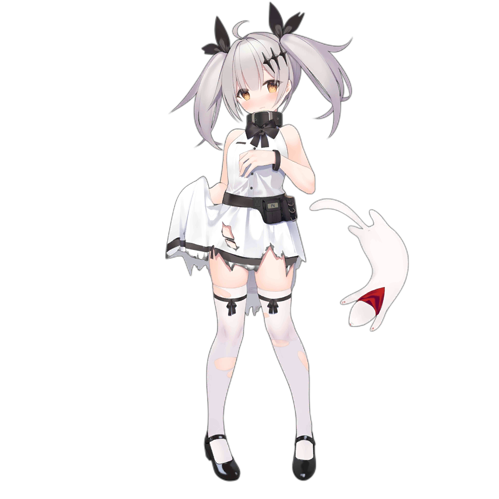 1girl aged_down ahoge animal belt black_panties black_ribbon black_shoes blush breasts brown_eyes closed_mouth clothes_lift collar dress dress_lift empty_eyes falling ferret five-seven_(adventures_of_fenfen)_(girls&#039;_frontline) five-seven_(girls&#039;_frontline) fn_five-seven girls&#039;_frontline gun hair_ornament hair_ribbon handgun high_heels lifting_own_clothes light_frown long_hair looking_at_viewer medium_breasts neck_ribbon official_alternate_costume official_art panties pdw-caliber_pistol pouch red_scarf ribbon scarf shoes short_dress simple_background skindentation sleeveless sleeveless_dress solo standing suisai_(suisao) thighhighs torn_clothes torn_dress torn_thighhighs transparent_background twintails underwear waving weapon white_dress white_hair white_thighhighs wrist_straps