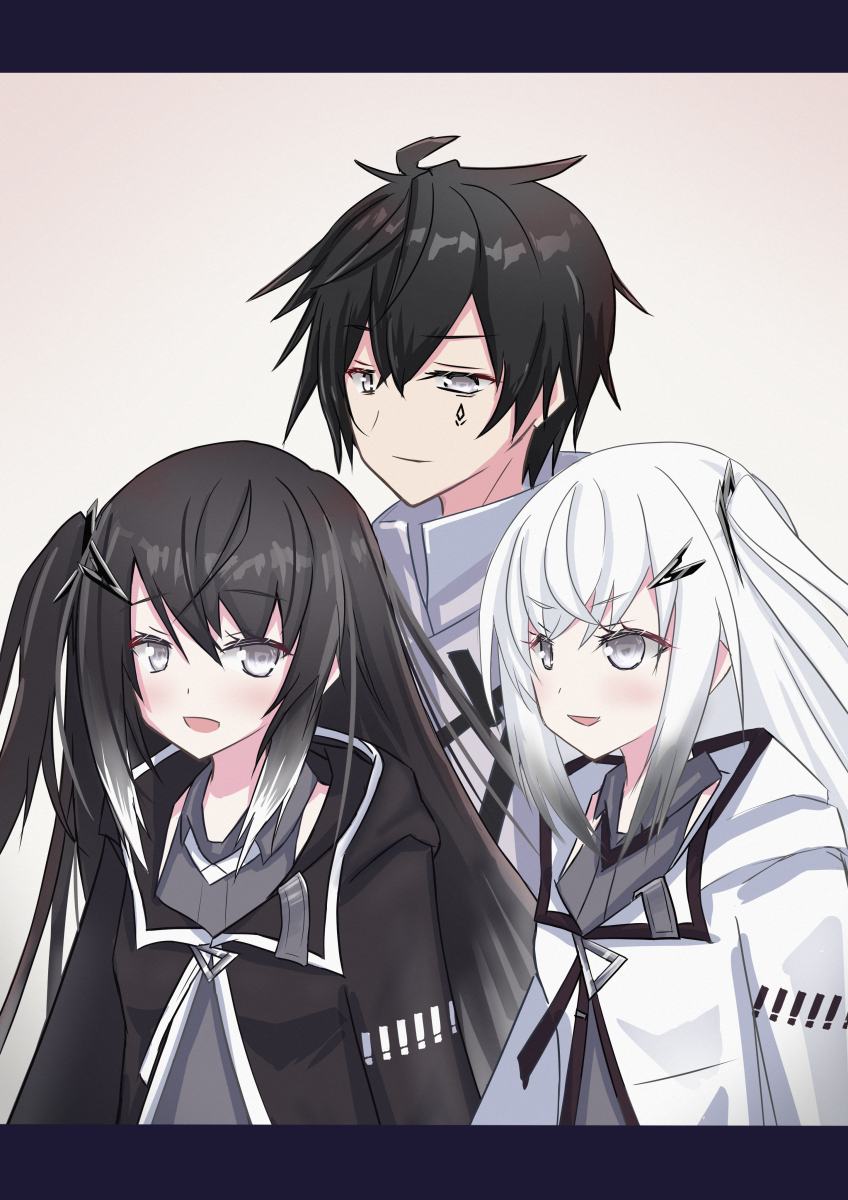 1boy 2girls :d allial_(coefont) asano_neru averuni_(coefont) bags_under_eyes black_hair black_jacket blush closed_mouth coefont collared_shirt dot_nose facial_mark gradient_hair grey_hair grey_shirt hair_between_eyes hair_ornament hairclip highres hood hood_down hooded_jacket jacket long_bangs long_hair looking_at_another messy_hair millial_(coefont) multicolored_hair multiple_girls open_mouth shirt short_hair side_ponytail sidelocks simple_background sleeveless sleeveless_shirt smile upper_body white_hair white_jacket