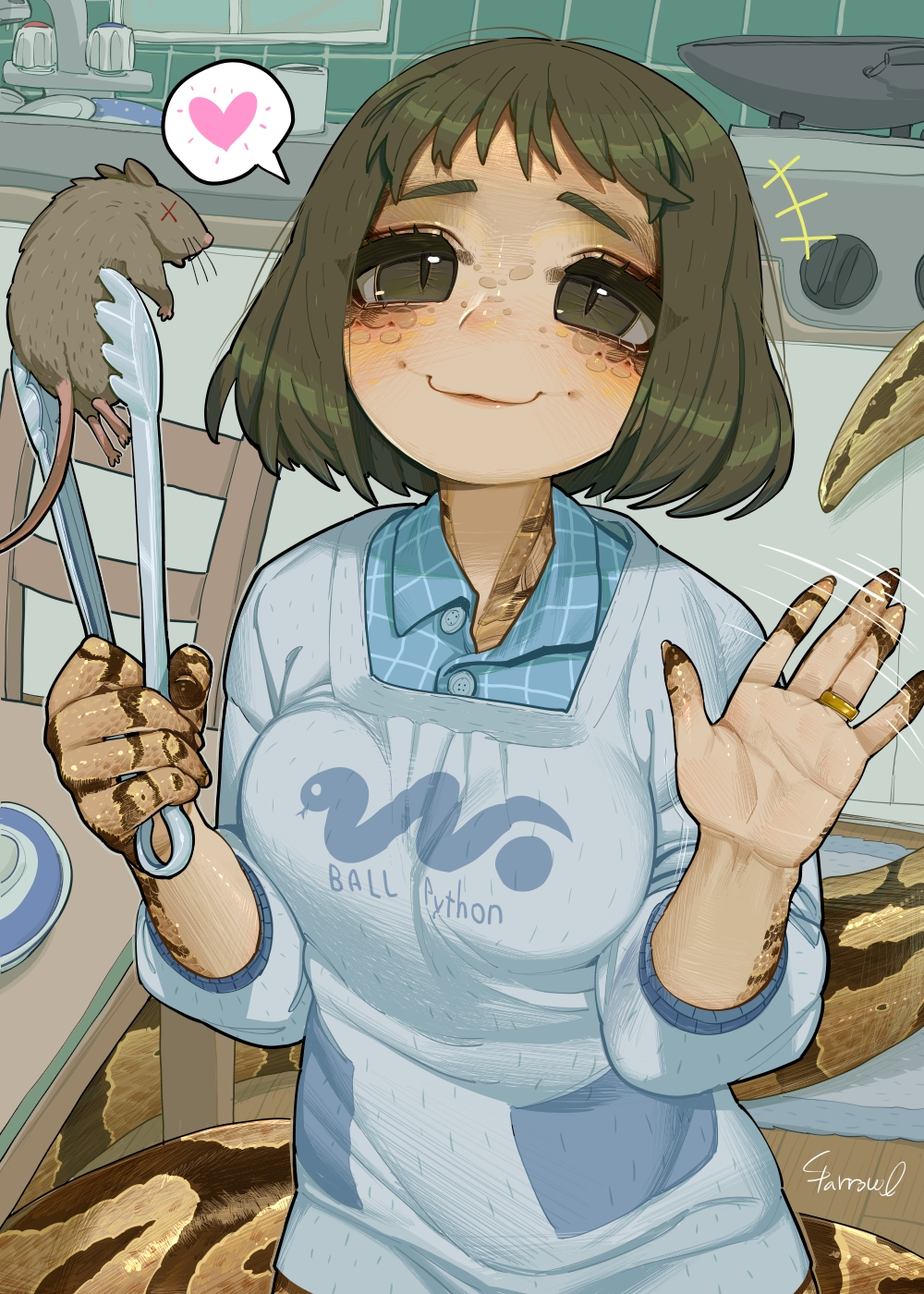 +++ 1girl bad_perspective ball_python breasts brown_eyes brown_hair chair coffee_mug collared_shirt colored_skin commentary commentary_request cup dark_skin english_commentary english_text heart highres indoors jewelry kitchen korean_commentary lamia looking_at_viewer medium_breasts medium_hair monster_girl motion_lines mouse_(animal) mug multicolored_skin original partially_unbuttoned ring scales shirt signature sink slit_pupils smile solo sparrowl spoken_heart stove sweater table tongs wardrobe_error waving wedding_band x_x