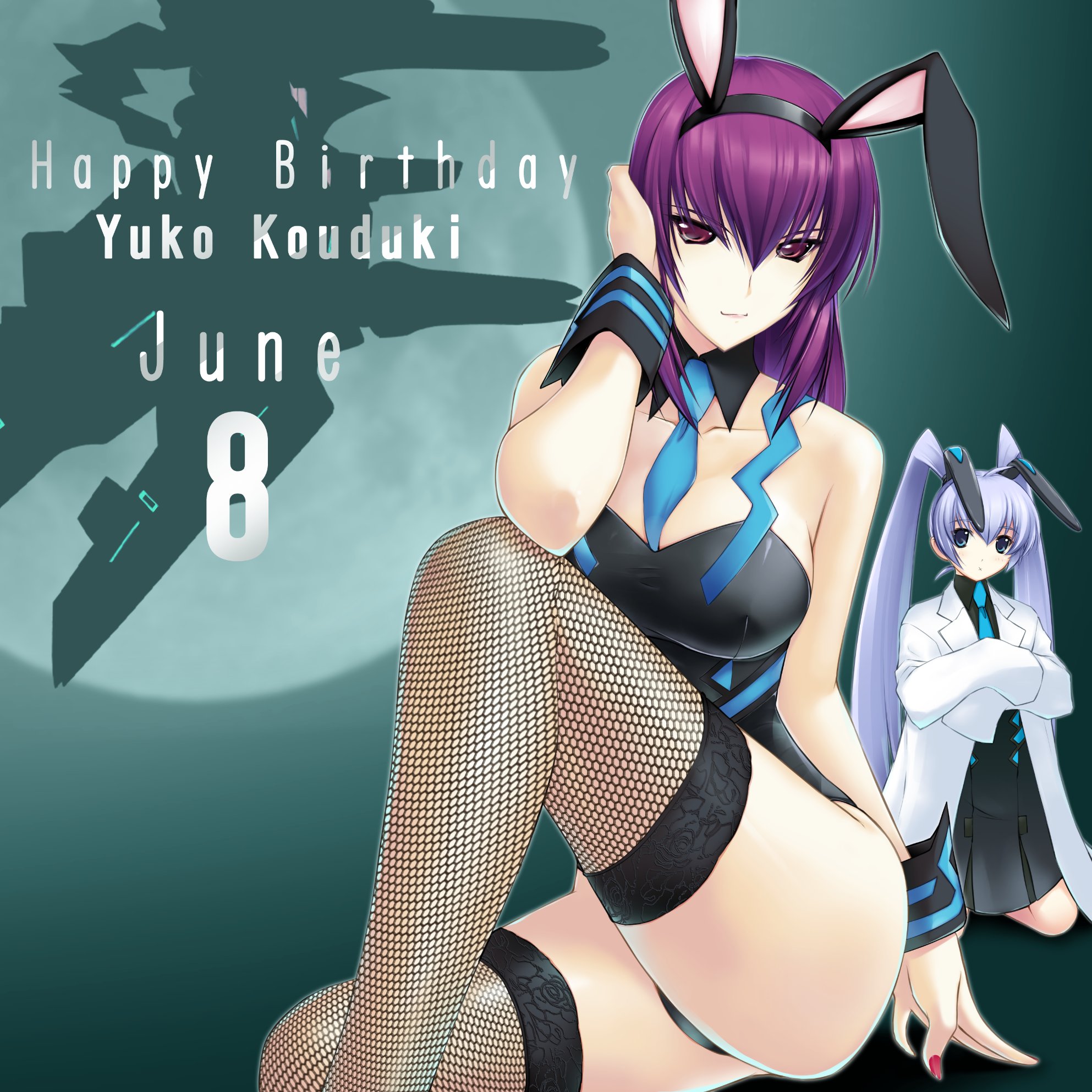 2girls animal_ears fake_animal_ears fishnet_thighhighs fishnets highres kouzuki_yuuko leotard mecha miyata_sou multiple_girls muv-luv muv-luv_alternative official_art photoshop_(medium) playboy_bunny rabbit_ears robot thighhighs xg-70d_susanoo_iv yashiro_kasumi