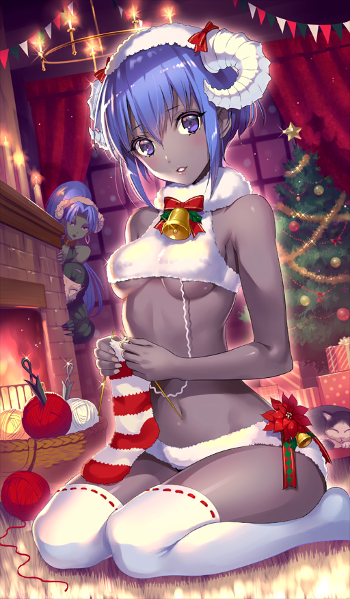 1boy 2girls assassin_(fate/zero) bald bare_arms bare_shoulders basket bell black_skin blush bow box bra breasts candle candlelight carpet cat chandelier christmas christmas_stocking christmas_tree colored_skin commentary crop_top curtained_hair curtains diffraction_spikes dutch_angle earmuffs earrings extreme_crop_top fake_horns fate/grand_order fate_(series) female_assassin_(fate/zero) fire fireplace flower fur_bra fur_collar fur_panties gift gift_box glint gold_choker gold_earrings grey_skin groin hair_between_eyes hairband hassan_of_serenity_(fate) hassan_of_serenity_(merry_sheep)_(fate) hassan_of_the_cursed_arm_(fate) hoop_earrings horns indoors jewelry knife knitting light_particles lingerie long_hair looking_at_viewer mask medium_breasts midriff multiple_girls muscular muscular_male navel neck_bell night nishimura_eri official_art panties parted_lips poinsettia purple_eyes purple_hair red_background red_bow red_flower revealing_clothes seiza sheep_horns short_hair sideboob sidelocks sitting skull_mask smile solo_focus sparkle teeth thighhighs third-party_source throwing_knife turtleneck underboob underwear underwear_only weapon white_bra white_hairband white_horns white_mask white_panties white_thighhighs window yarn yarn_ball