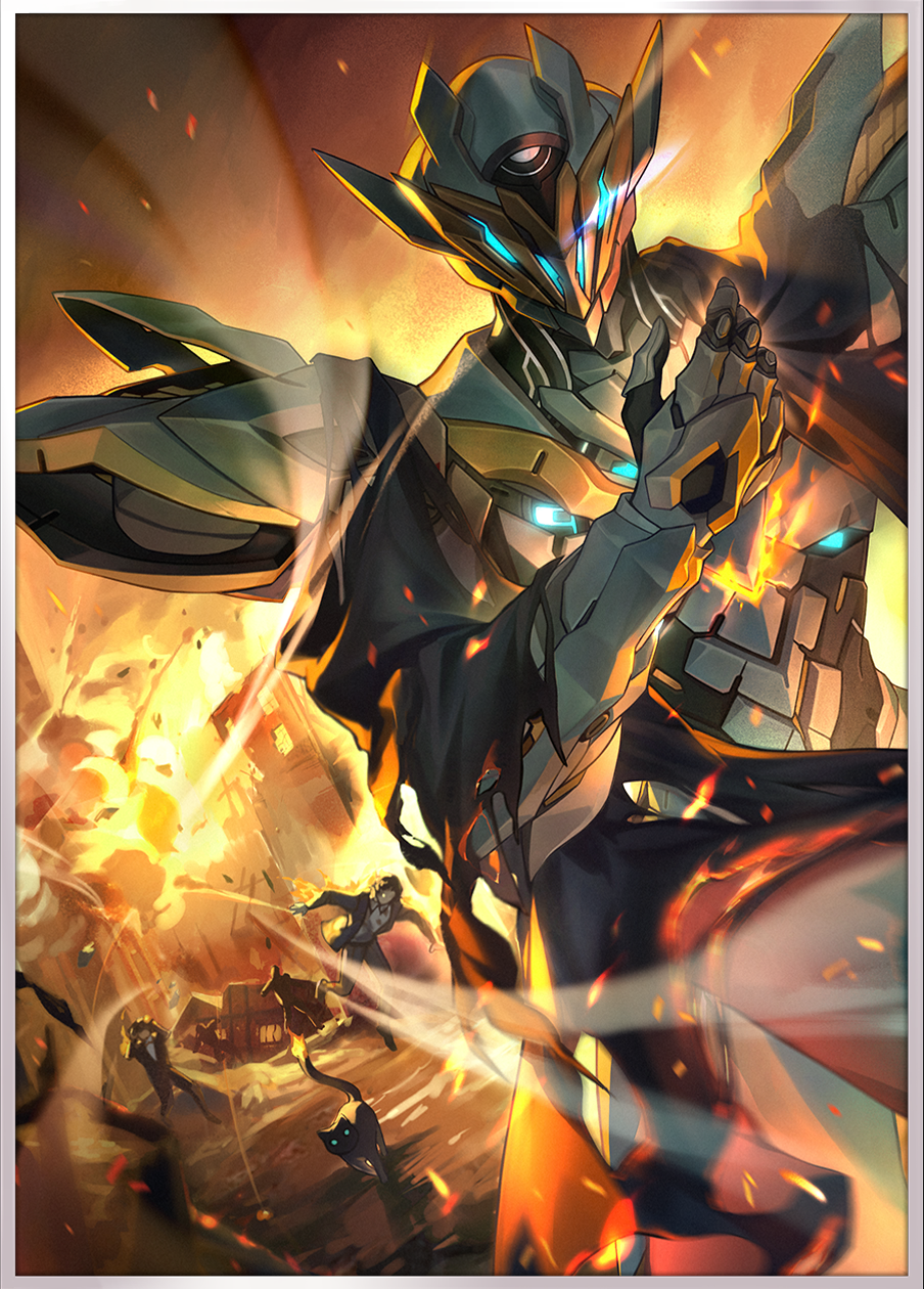 1girl armor border building burnt burnt_clothes cat covered_face cowboy_shot destruction dutch_angle embers explosion explosion_background facing_viewer fire full_armor highres honkai:_star_rail honkai_(series) official_art outdoors people power_armor sam_(honkai:_star_rail) smoke solo_focus third-party_source white_border