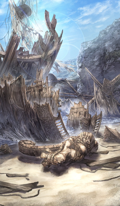 beach blue_sky boat commentary day fate/grand_order fate_(series) higashiyama_hayato lens_flare no_humans ocean official_art outdoors plank rope sailboat sand scenery shipwreck sky still_life sunlight third-party_source water watercraft