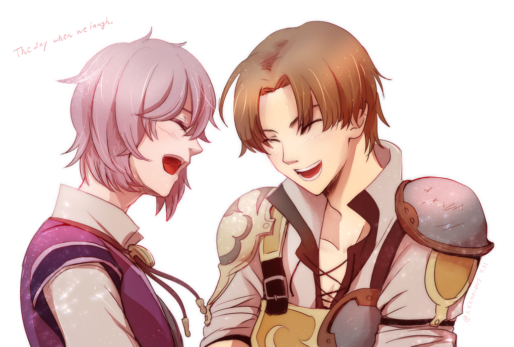 2boys aoi_(xxxaoi) artist_name blush brown_hair dated english_text closed_eyes fire_emblem fire_emblem_echoes:_shadows_of_valentia kliff_(fire_emblem) male_focus multiple_boys nintendo open_mouth simple_background teeth tobin_(fire_emblem) white_background white_hair