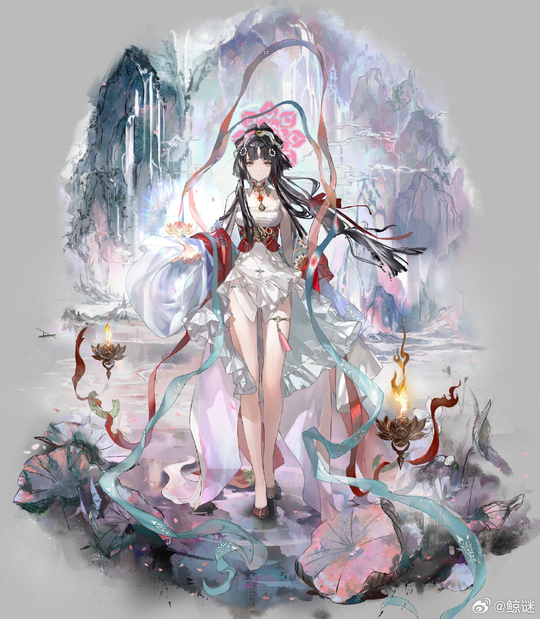 1girl black_hair dress echoes_of_vision fire flower full_body hagoromo highres jingmi long_hair longg_hair looking_at_viewer lotus mountainous_horizon official_alternate_costume official_art ripples shawl solo thigh_strap walking walking_on_liquid water watermark weibo_username weibo_watermark white_dress yellow_eyes yingmei_(echoes_of_vision)